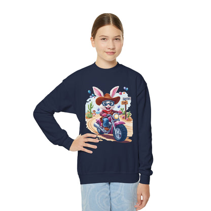 Biker Bunny Youth Sweatshirt - Fun Easter Bunny Riding Motorcycle, Cute Spring Gift for Kids, Playful Holiday Crewneck for Boys & Girls