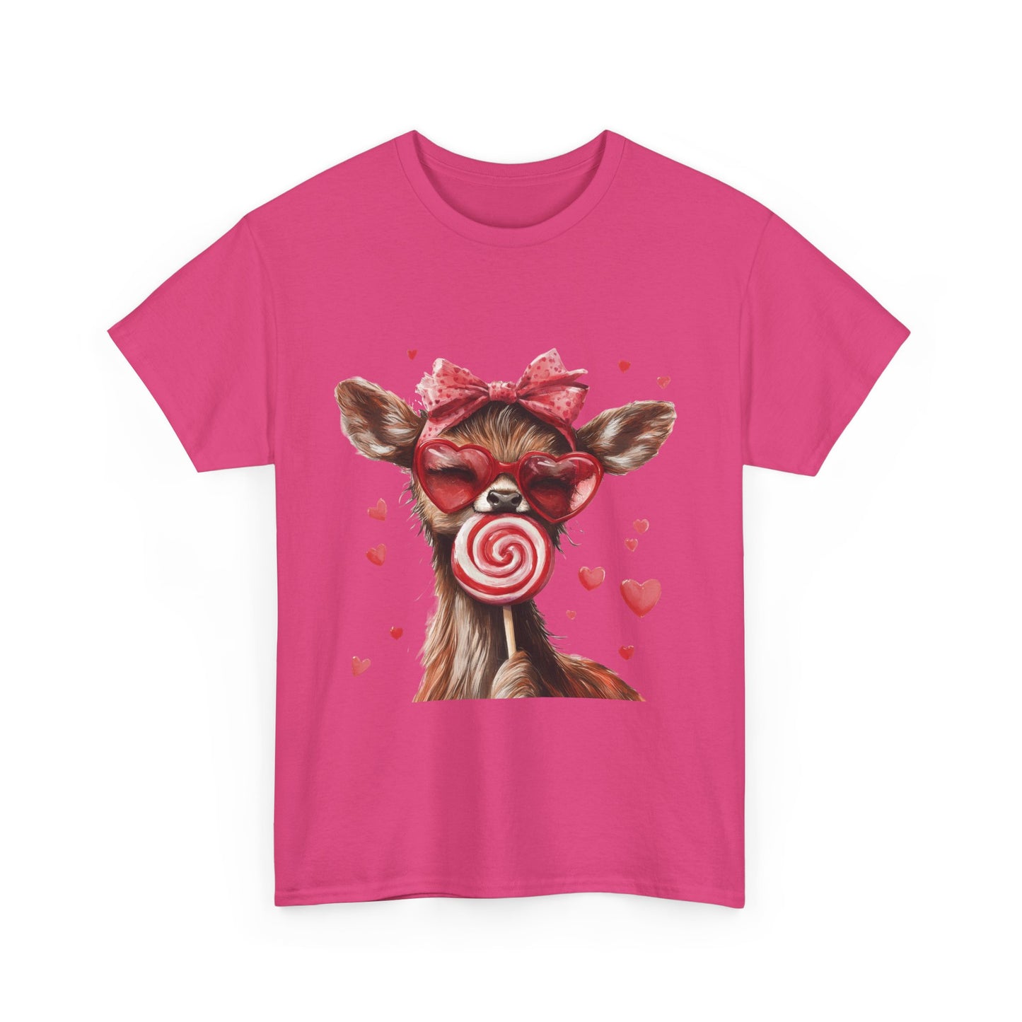 Cute Deer with Heart Glasses and Lollipop, Valentine's Day Heavy Cotton Tee, Fun Animal Love Shirt Gift for Her, Animal Lovers Shirt