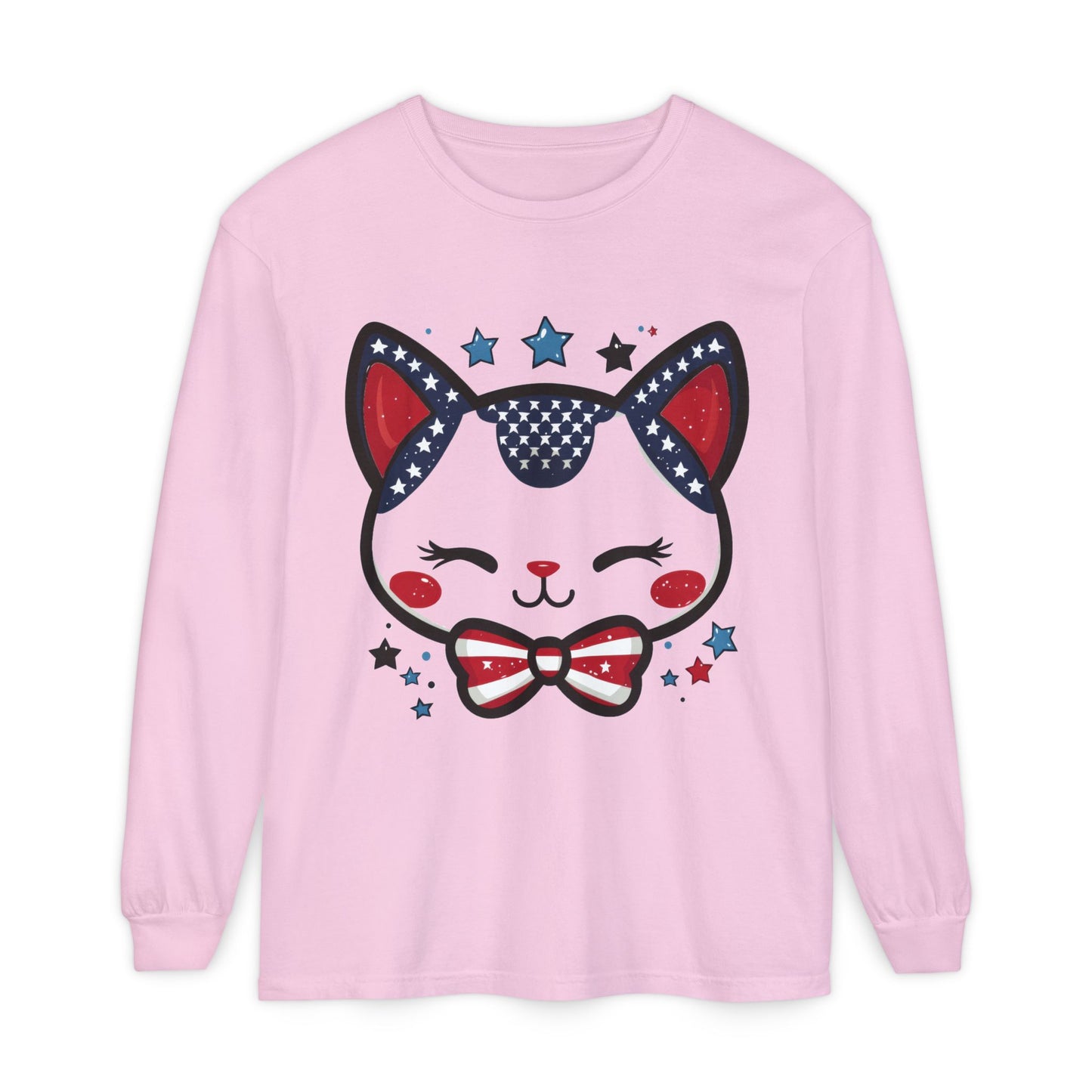 Cute Patriotic Cat Long Sleeve Women's T-Shirt, Fourth of July, Cat Lovers Gift, Casual Wear, Perfect for Holidays and Celebrations