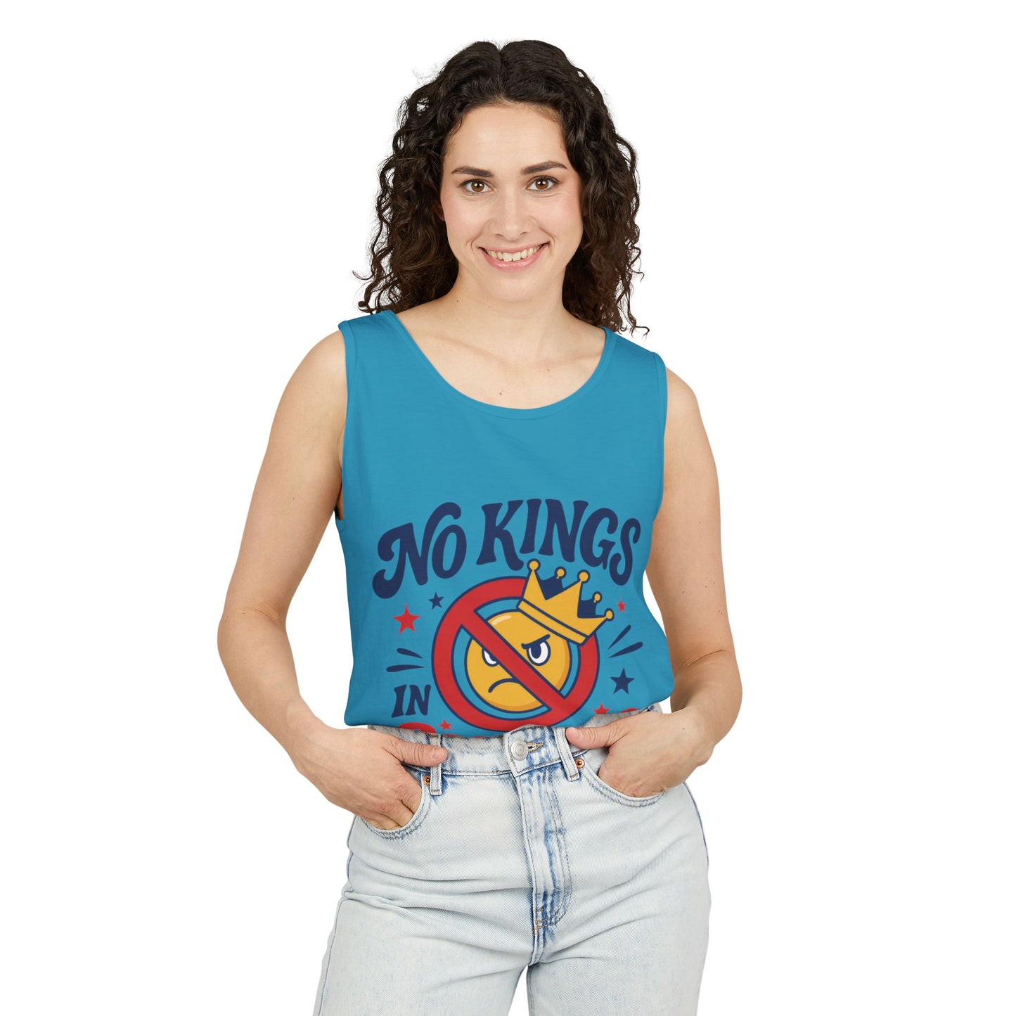 No Kings in America Tank Top - Funny Patriotic Anti Monarchy Sleeveless Shirt - USA Freedom Top, Unisex Summer Apparel, USA Independence Day