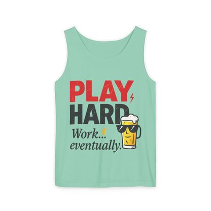 Casual Tank Top with Play Hard Print, Fun Summer Apparel, Gift for Dad or Friends, Beach Wear, Workout Top, Party Attire