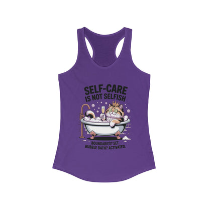 Womens Ideal Racerback Tank, Self-Care Cat Shirt, Funny Cat Bubble Bath Tee, Relaxing Kitty Graphic, Self Care Is Not Selfish Womens Tank