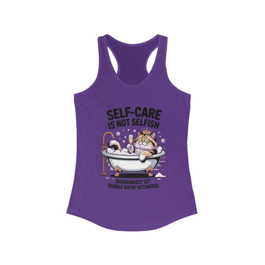 Womens Ideal Racerback Tank, Self-Care Cat Shirt, Funny Cat Bubble Bath Tee, Relaxing Kitty Graphic, Self Care Is Not Selfish Womens Tank