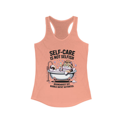 Womens Ideal Racerback Tank, Self-Care Cat Shirt, Funny Cat Bubble Bath Tee, Relaxing Kitty Graphic, Self Care Is Not Selfish Womens Tank