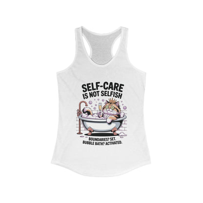 Womens Ideal Racerback Tank, Self-Care Cat Shirt, Funny Cat Bubble Bath Tee, Relaxing Kitty Graphic, Self Care Is Not Selfish Womens Tank