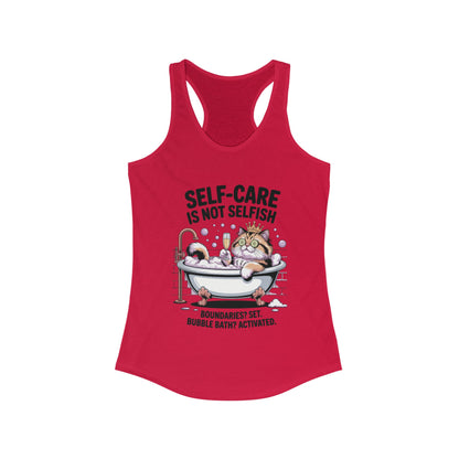 Womens Ideal Racerback Tank, Self-Care Cat Shirt, Funny Cat Bubble Bath Tee, Relaxing Kitty Graphic, Self Care Is Not Selfish Womens Tank