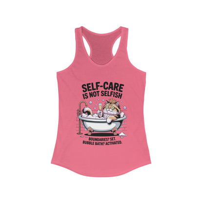 Womens Ideal Racerback Tank, Self-Care Cat Shirt, Funny Cat Bubble Bath Tee, Relaxing Kitty Graphic, Self Care Is Not Selfish Womens Tank