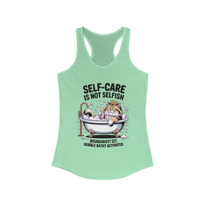 Womens Ideal Racerback Tank, Self-Care Cat Shirt, Funny Cat Bubble Bath Tee, Relaxing Kitty Graphic, Self Care Is Not Selfish Womens Tank