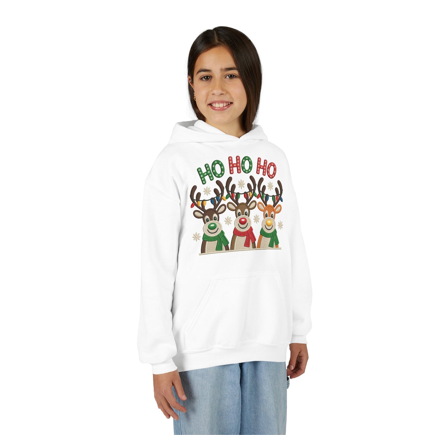Ho Ho Ho Reindeer Hoodie for Girls, Cute Christmas Holiday Kids Pullover, Youth Hooded Sweatshirt