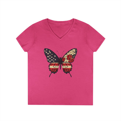 Patriotic Butterfly V-Neck T-Shirt, Summer Style, Gifts for Her, Independence Day, Casual Wear, Nature Lovers