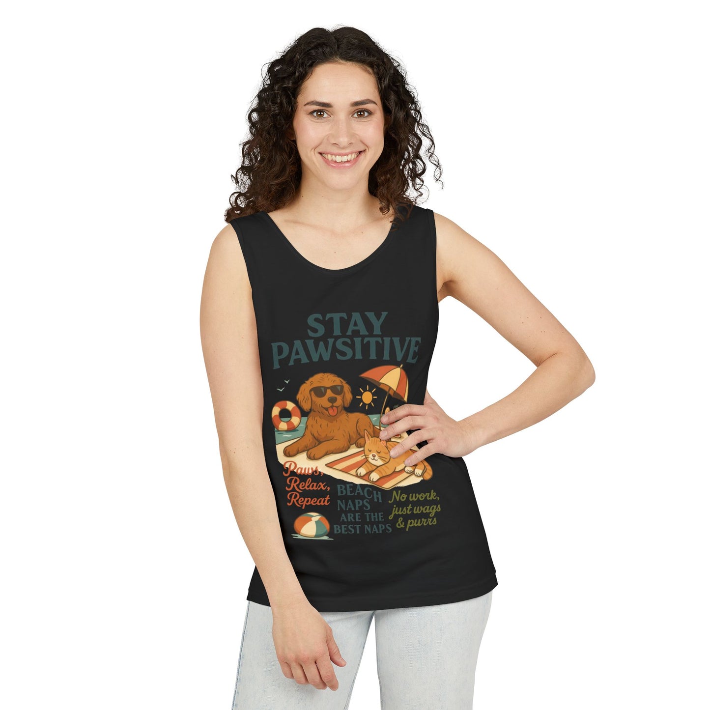 Stay Pawsitive Womens Tank, Cute Dog & Cat Beach Tee, Summer Pet Lover Tee, Animal Graphic Heavy Cotton Tee, Fun Pet Lovers Gift, Summer Top