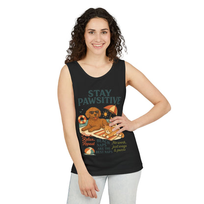 Stay Pawsitive Womens Tank, Cute Dog & Cat Beach Tee, Summer Pet Lover Tee, Animal Graphic Heavy Cotton Tee, Fun Pet Lovers Gift, Summer Top