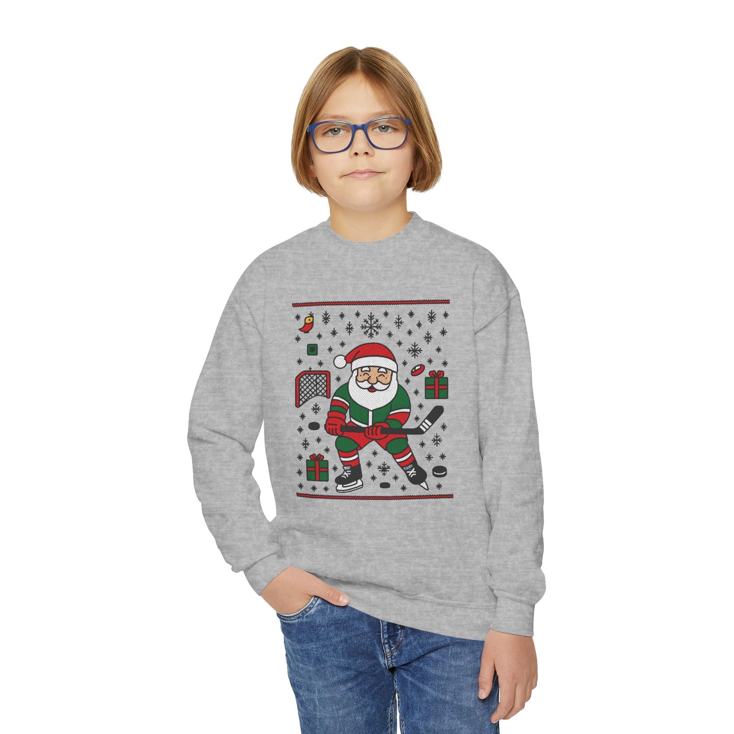 Hockey Santa Youth Christmas Sweatshirt, Funny Sports Holiday Jumper for Boys