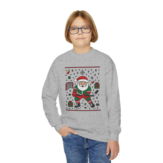 Hockey Santa Youth Christmas Sweatshirt, Funny Sports Holiday Jumper for Boys