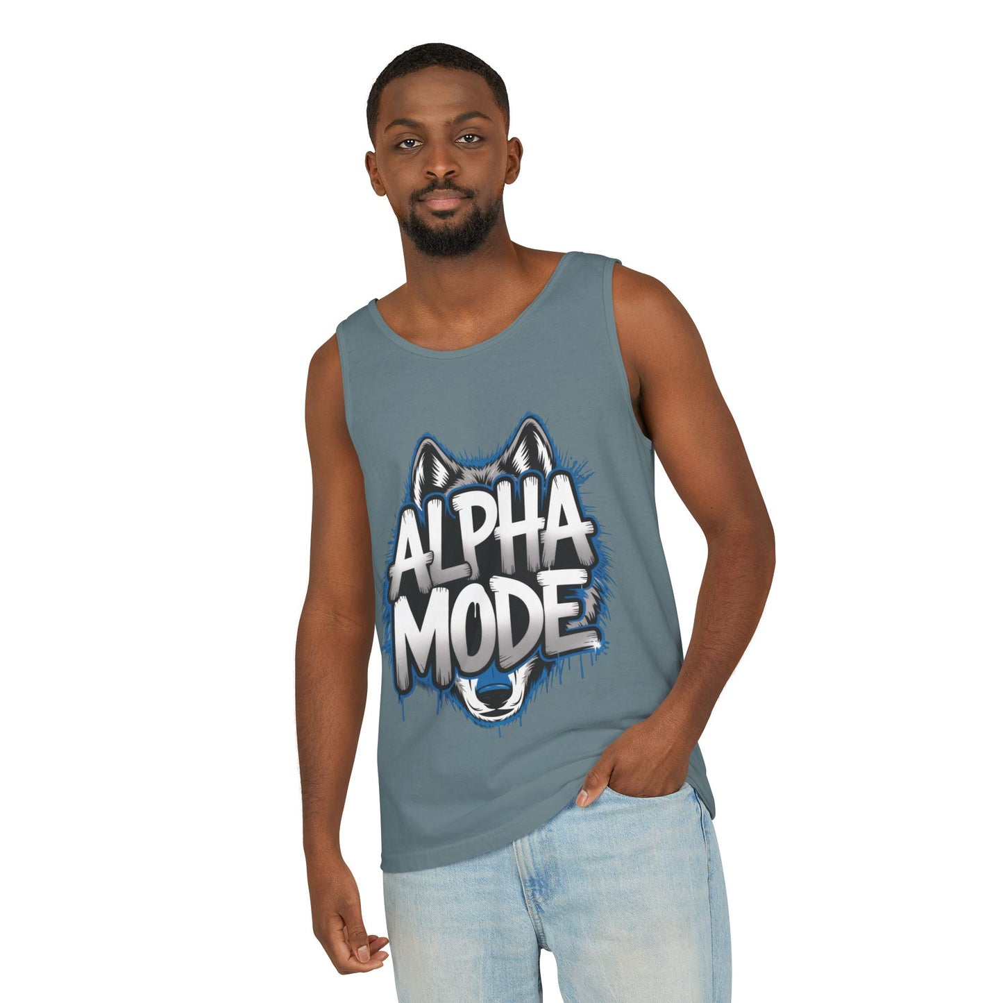 Mens Garment-Dyed Tank Top, Alpha Mode Wolf Graphic Mens Tank Top Gym Wear
