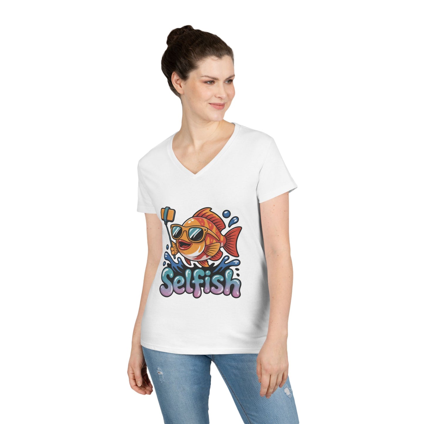 Ladies' V-Neck T-Shirt, Funny Selfie Fish Graphic Womens Tee, Playful Pun Gift for Her, Summer Vibes, Unique Beach Shirt, Outdoor Adventures