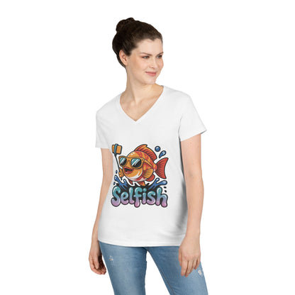 Ladies' V-Neck T-Shirt, Funny Selfie Fish Graphic Womens Tee, Playful Pun Gift for Her, Summer Vibes, Unique Beach Shirt, Outdoor Adventures