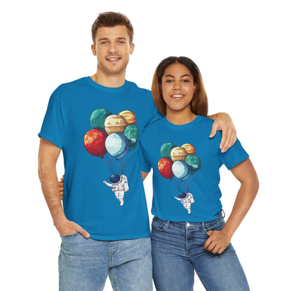 Astronaut with Planet Balloons T-Shirt, Space Lover Unisex Tee, Outer Space Graphic Shirt, Space Theme Shirt, Cosmic Adventure Top