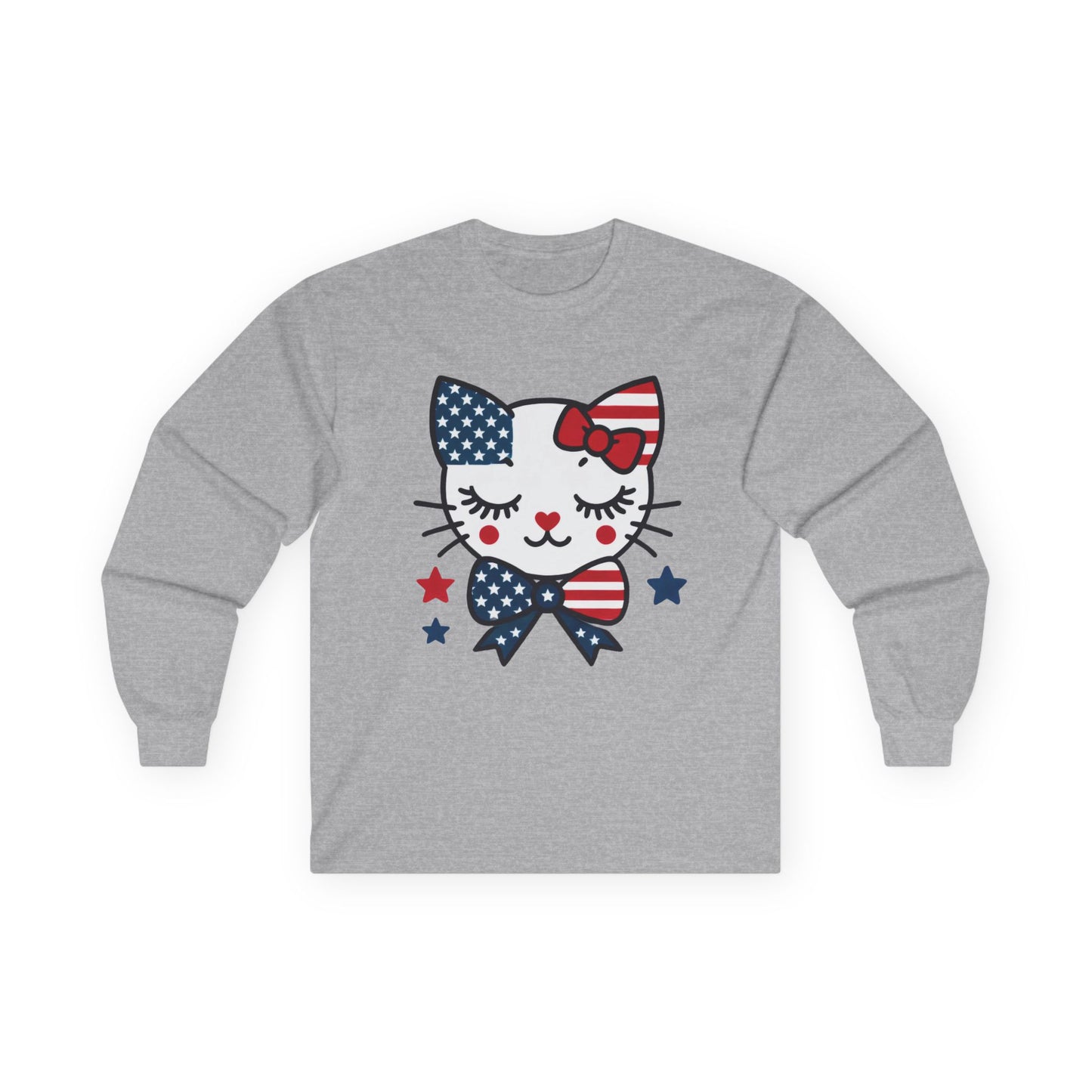 Cute Patriotic Cat Long Sleeve Tee, Women's T-Shirt for Independence Day, 4th of July Celebration, Animal Lover Gift, USA Flag Design