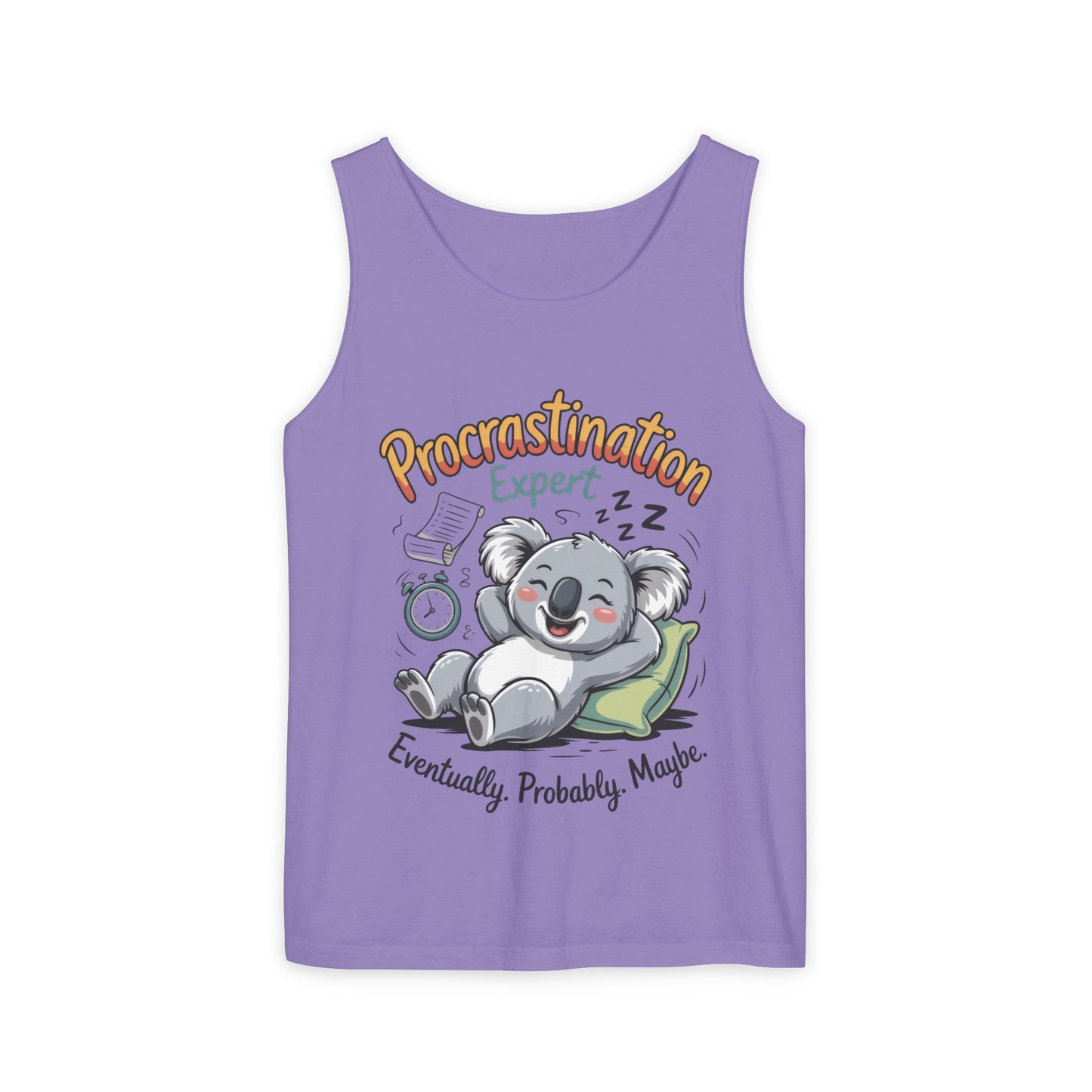 Procrastination Expert Womens Tank Top, Funny Gift for Lazy Days, Relaxed Fit Tee, Casual Summer Wear, Koala Graphic Top, Motivational Apparel