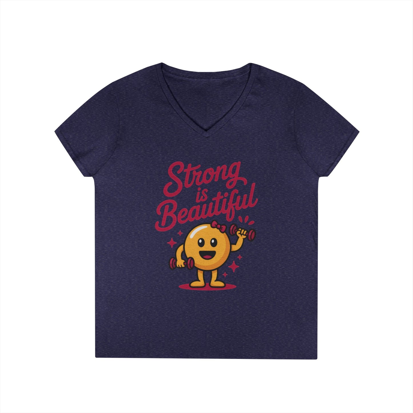 Ladies' V-Neck T-Shirt, Strong is Beautiful Womens Tee, Cute Fitness Character Tee, Inspirational Workout Shirt, Gym Motivation Gift for Her