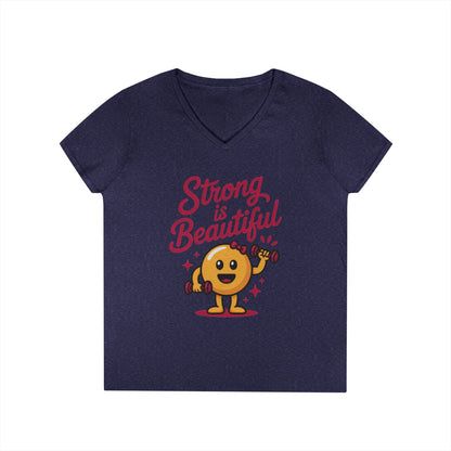 Ladies' V-Neck T-Shirt, Strong is Beautiful Womens Tee, Cute Fitness Character Tee, Inspirational Workout Shirt, Gym Motivation Gift for Her