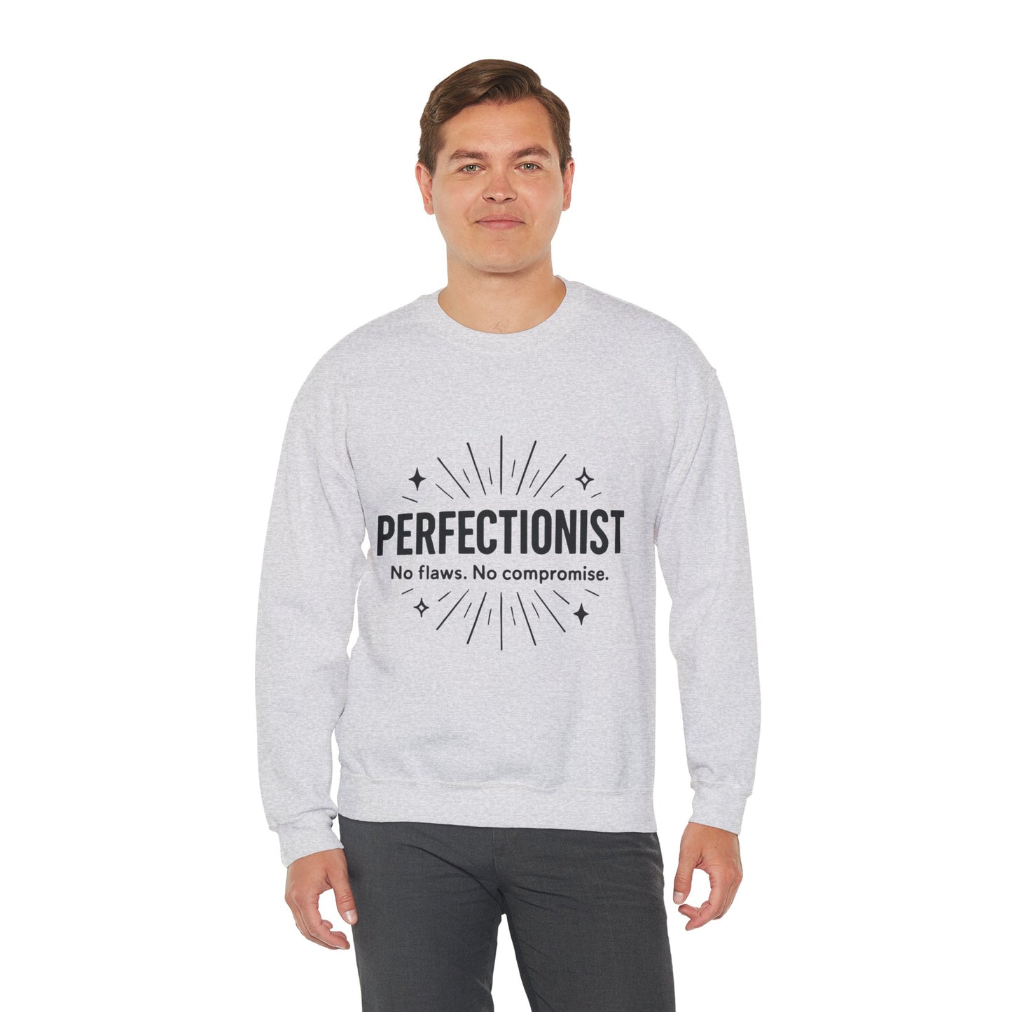 Men's Perfectionist Sweatshirt, Bold No Flaws No Compromise Design, Clean Look Funny Gift for Him, Minimal Black Graphic Pullover