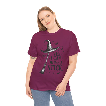 Yes I Can Drive a Stick Witch Hat Broom Halloween Women's T-Shirt, Funny Spooky Graphic Tee, Witch Shirt,