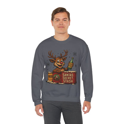 Mens Funny Christmas Sweatshirt, Santa's Secret Stash Reindeer Pullover, Men's Heavy Blend™ Crewneck Sweatshirt