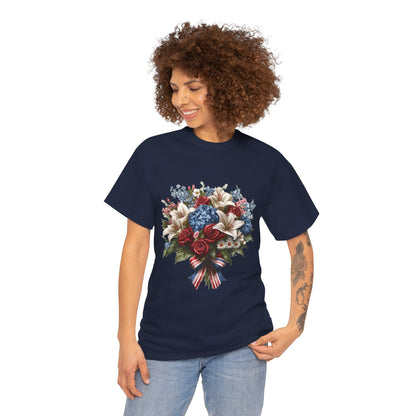 Patriotic Floral Bouquet T-Shirt, Red White Blue Flower Graphic Tee, USA Pride Shirt, Unisex Heavy Cotton Tee