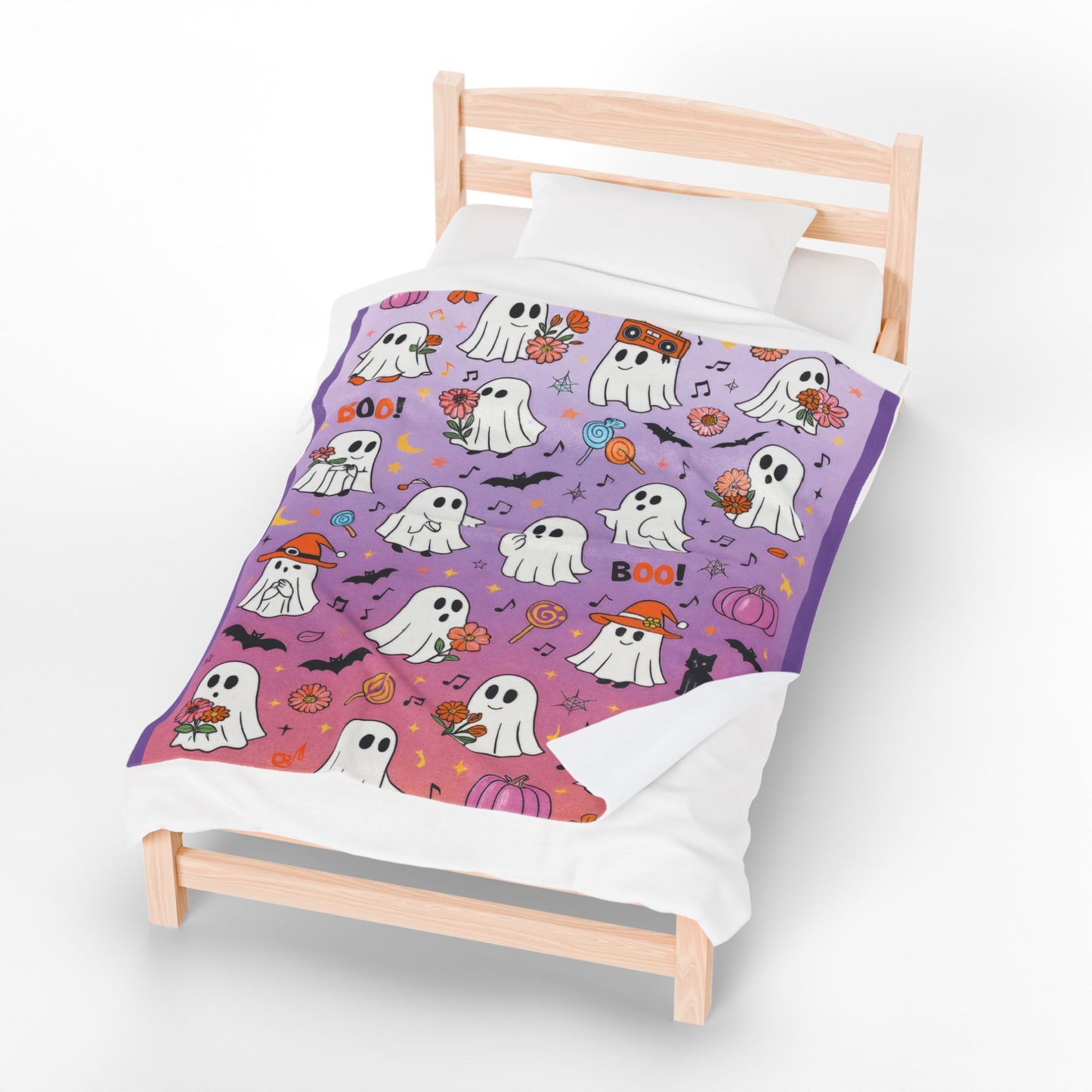 Cute Ghost Halloween Velveteen Plush Blanket for Kids, Purple Ghost and Candy Throw Blanket, Cozy Spooky Fall Blanket, Kawaii Boo Gift