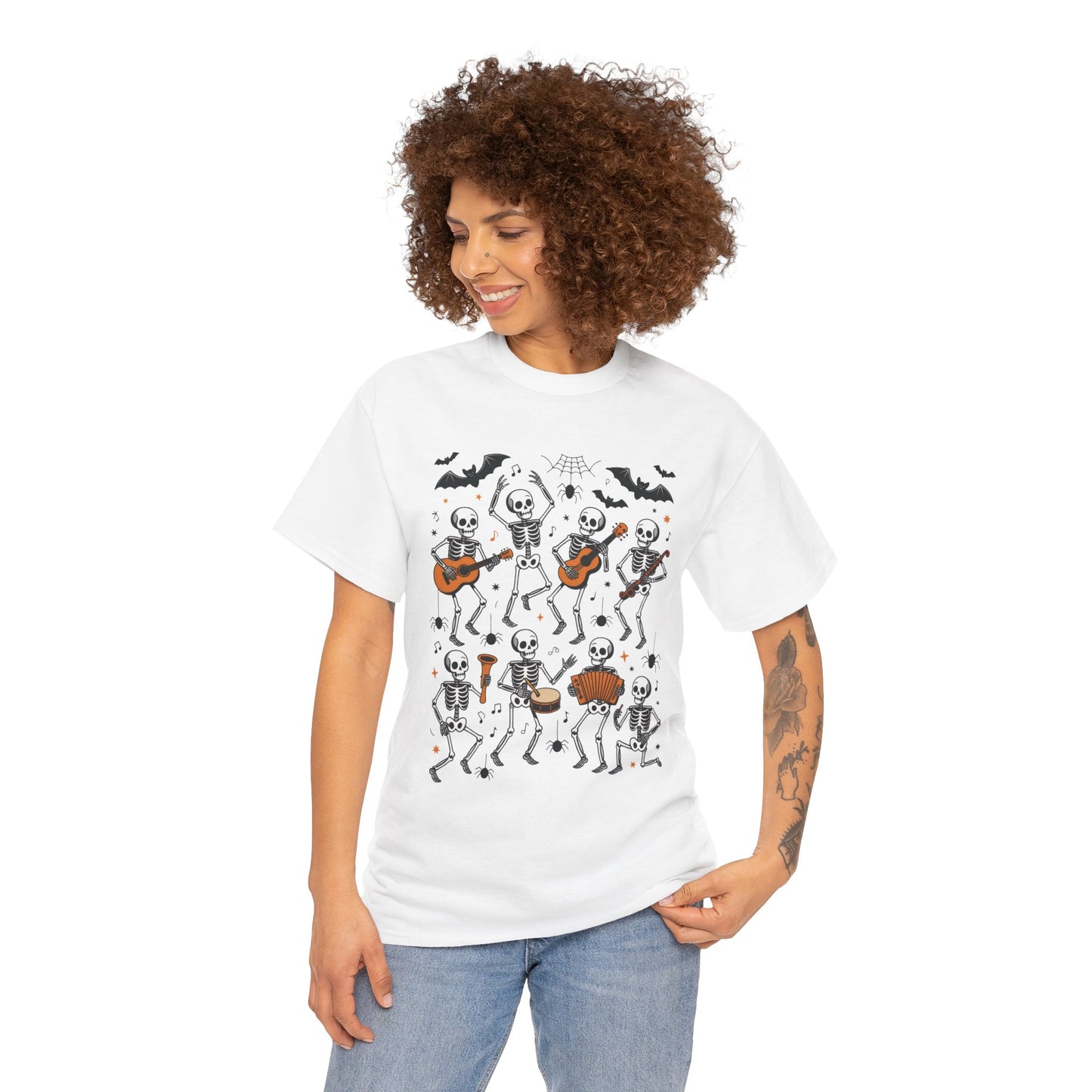 Dancing Skeleton Band Halloween T-Shirt for Women, Funny Spooky Music Tee, Cute Skeleton Party Shirt, Retro Halloween Top Gift Idea