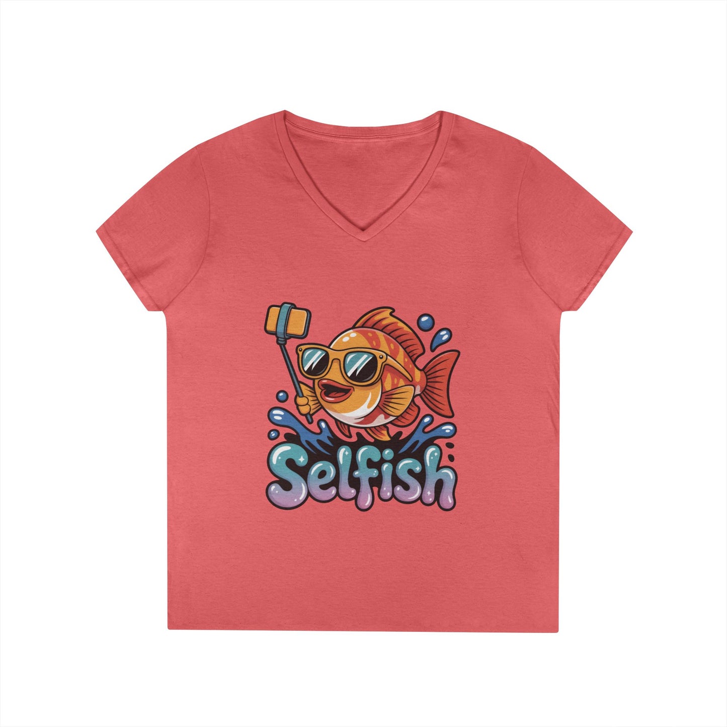 Ladies' V-Neck T-Shirt, Funny Selfie Fish Graphic Womens Tee, Playful Pun Gift for Her, Summer Vibes, Unique Beach Shirt, Outdoor Adventures