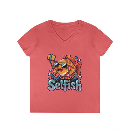 Ladies' V-Neck T-Shirt, Funny Selfie Fish Graphic Womens Tee, Playful Pun Gift for Her, Summer Vibes, Unique Beach Shirt, Outdoor Adventures