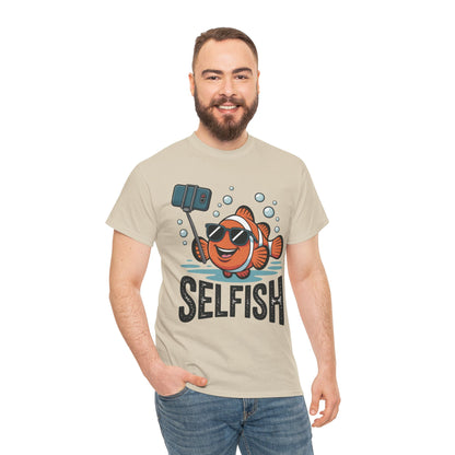 Unisex Heavy Cotton Tee, Mens Selfish Funny Fish T-Shirt, Cute Selfie Graphic Tee, Ocean Humor Shirt