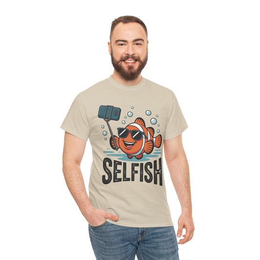 Unisex Heavy Cotton Tee, Mens Selfish Funny Fish T-Shirt, Cute Selfie Graphic Tee, Ocean Humor Shirt