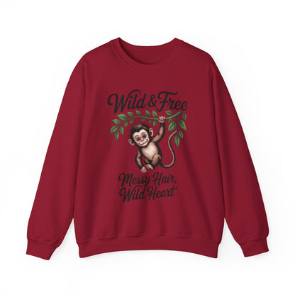 Wild & Free Monkey Sweatshirt, Messy Hair Wild Heart Womens Pullover, Cute Jungle Animal Sweater, Boho Adventure Graphic, Nature Lover Gift