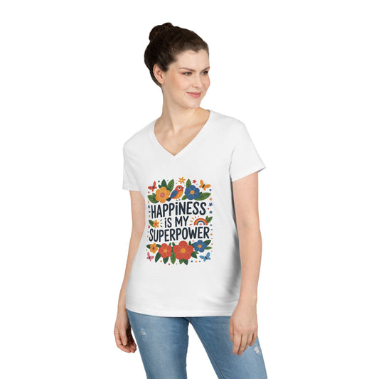 Happiness is My Superpower V-Neck T-Shirt, Floral Motivational Tee, Gift for Her, Positive Quote Shirt, Joyful Statement Tee