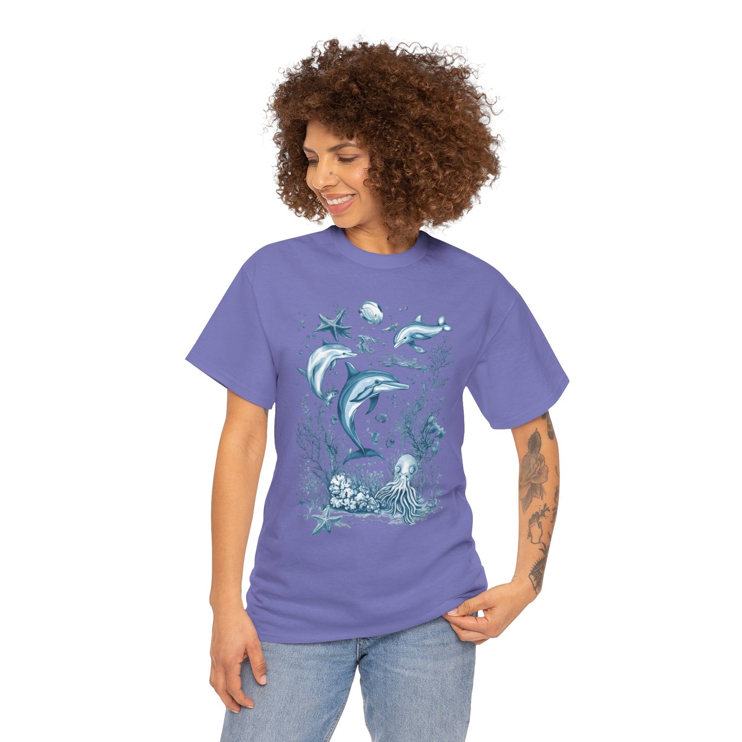 Ocean Life Dolphin T-Shirt, Women's Cotton Tee with Underwater Sea Creatures, Marine Nature Gift Shirt, Perfect for Beach Lovers