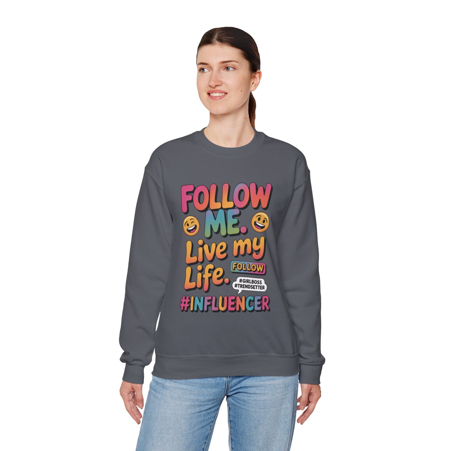 Womens Heavy Blend™ Crewneck Sweatshirt, Influencer Sweatshirt, Colorful Follow Me Live My Life Graphic Sweatshirt, Trendy GirlBoss Outfit