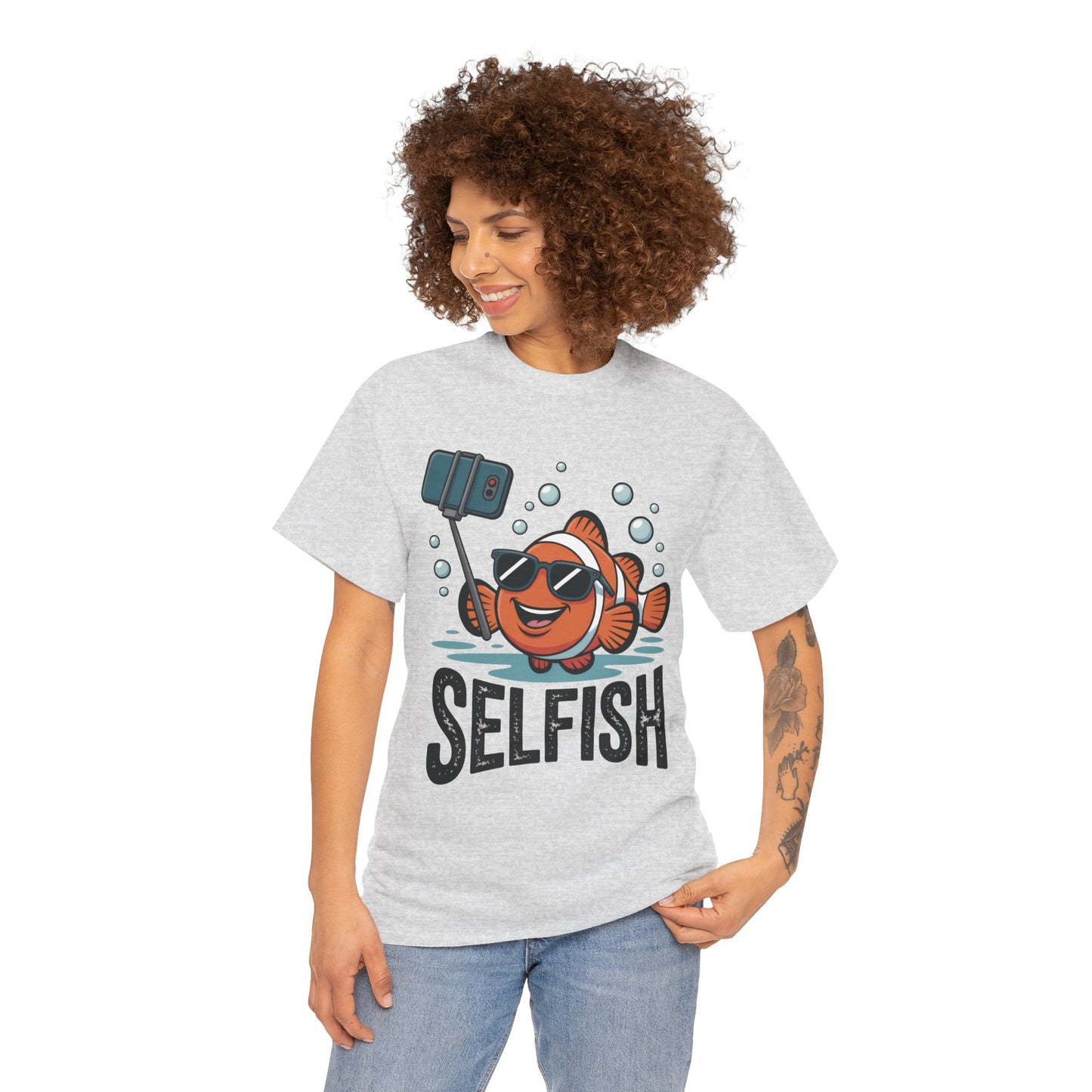 Unisex Heavy Cotton Tee, Mens Selfish Funny Fish T-Shirt, Cute Selfie Graphic Tee, Ocean Humor Shirt