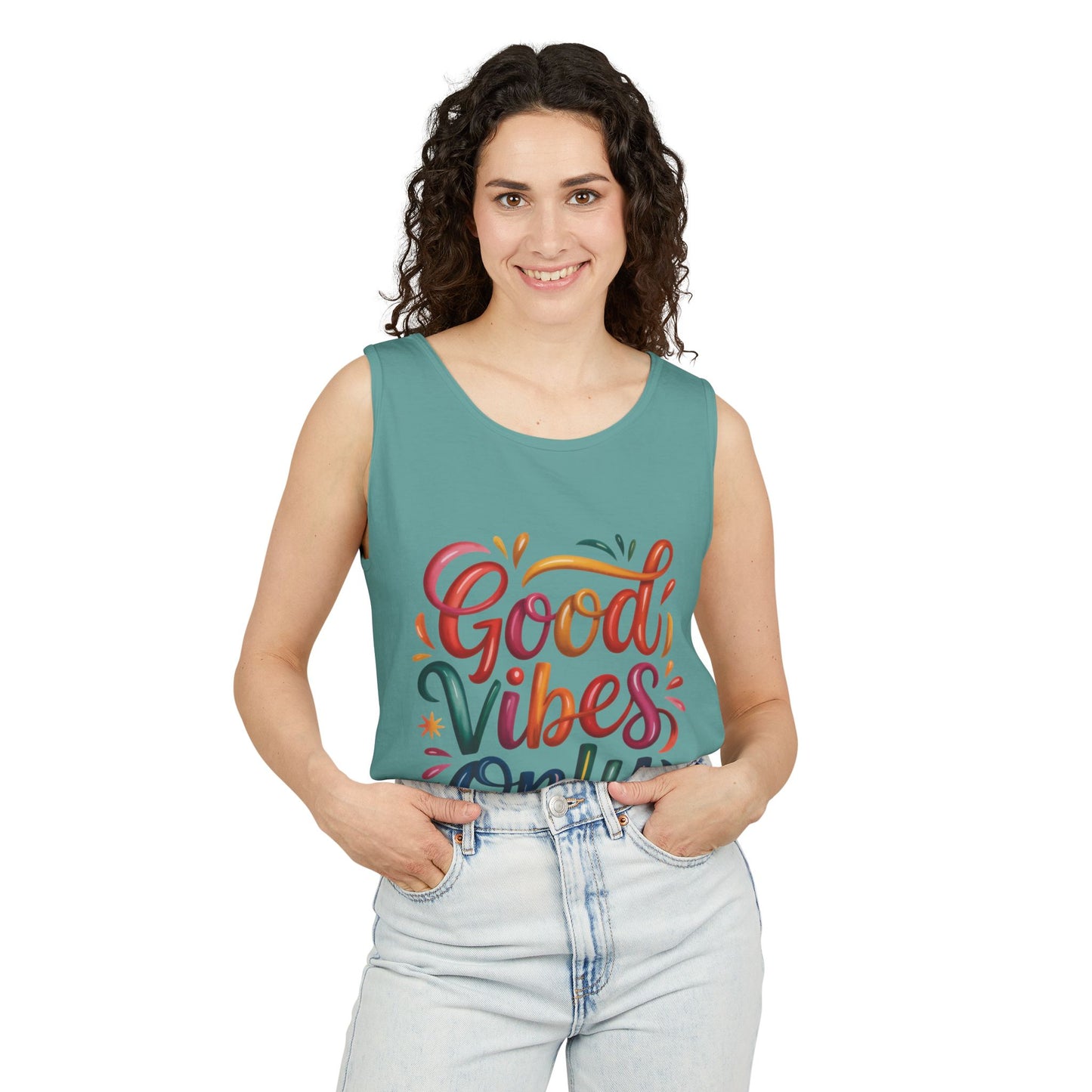 Good Vibes Only Unisex Garment-Dyed Tank Top, Summer Casual Wear, Festival Outfit, Beach Day Tee, Gift for Friends, Positive Vibes Apparel