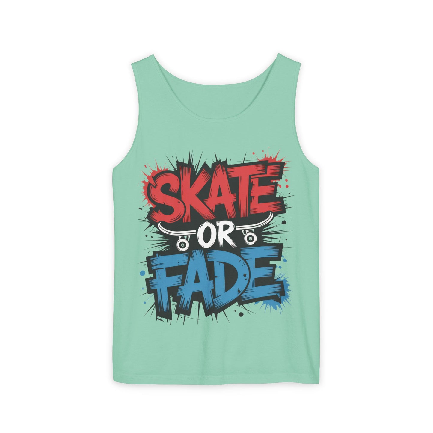 Skate Or Fade Men's Tank Top, Graffiti Skateboard Graphic Muscle Shirt, Urban Streetwear Sleeveless Top, Men's Garment-Dyed Tank Top