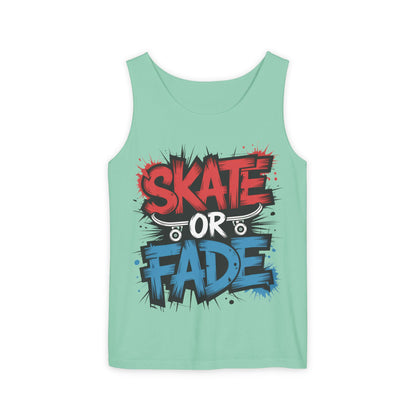 Skate Or Fade Men's Tank Top, Graffiti Skateboard Graphic Muscle Shirt, Urban Streetwear Sleeveless Top, Men's Garment-Dyed Tank Top