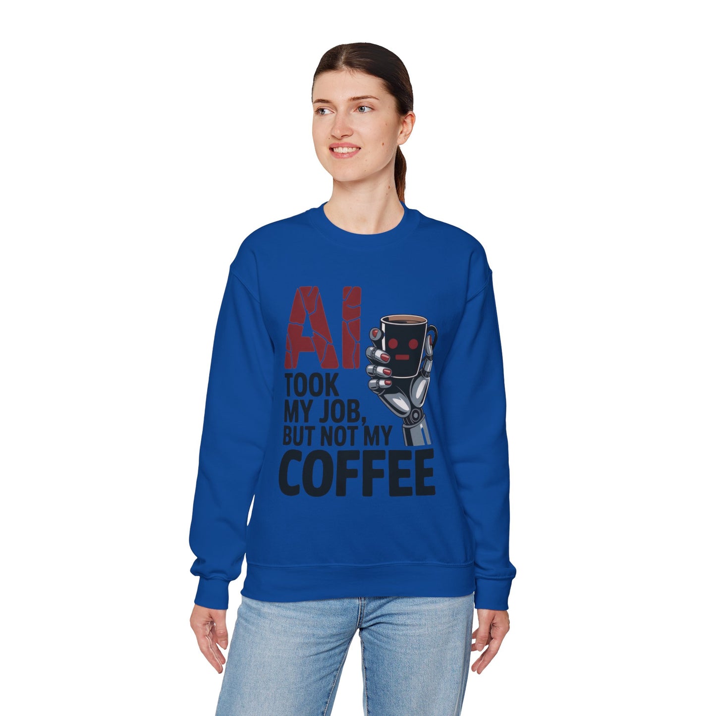 AI Coffee Sweatshirt, Funny Robot Humor Pullover, Geek Sarcastic Job Joke Top, Women's Heavy Blend™ Crewneck Sweatshirt