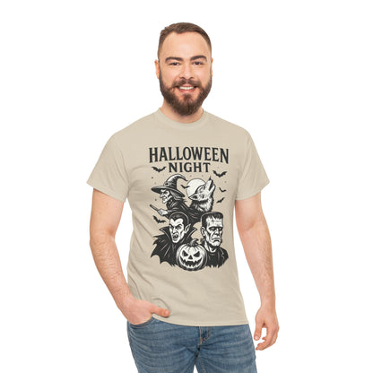 Halloween Night Men's T-Shirt, Classic Monsters Graphic Tee, Witch, Vampire, Frankenstein, Werewolf