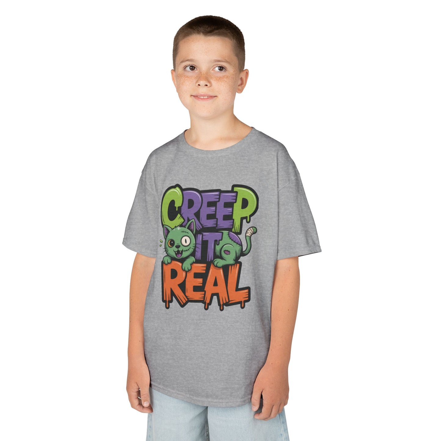 Creep It Real Kids Halloween Shirt, Cute Zombie Cat Graffiti Style T-Shirt for Boys & Girls