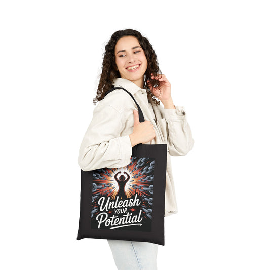 Unleash Your Potential Tote Bag, Motivational Empowerment Canvas Bag with Strong Woman & Chains Design, Fitness & Feminist Gift