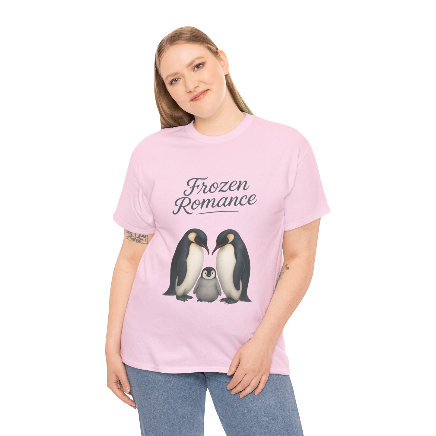 Womens Heavy Cotton Tee, Womens Frozen Romance Penguin T-Shirt, Cute Animal Graphic Tee, Love Birds Shirt Gift