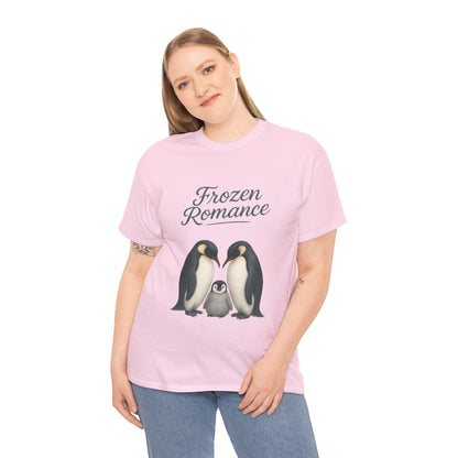 Womens Heavy Cotton Tee, Womens Frozen Romance Penguin T-Shirt, Cute Animal Graphic Tee, Love Birds Shirt Gift